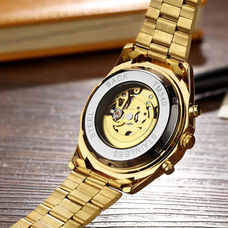 Skeleton Sports Automatic Stainless Steel Bracelet Chinese Mechanical Wrist Watches Mens Luxury Top Brand Gold Black Silver Gift