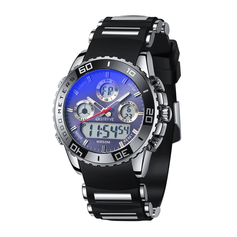 STRYVE 8023 Men's Watch Electronic Quartz Dual Movement Rubber Strap Date Week Luminous 50M Water Resistant Fashion Sports Watch