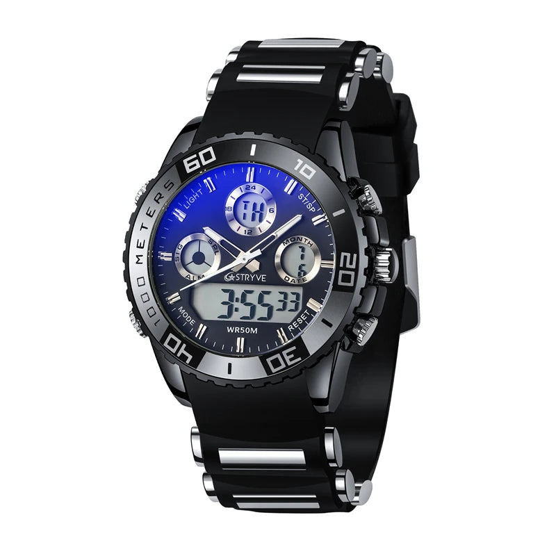 STRYVE 8023 Men's Watch Electronic Quartz Dual Movement Rubber Strap Date Week Luminous 50M Water Resistant Fashion Sports Watch