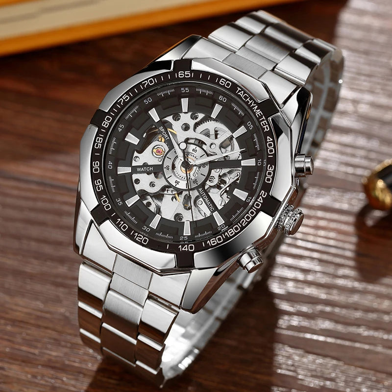 Skeleton Sports Automatic Stainless Steel Bracelet Chinese Mechanical Wrist Watches Mens Luxury Top Brand Gold Black Silver Gift