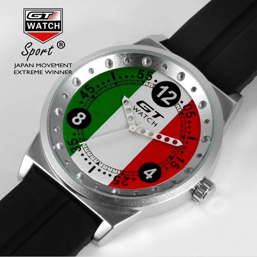 GT Watch men's sport quartz watch with an Italy flag dial and black silicone strap. A bold and stylish timepiece for casual and sportswear.