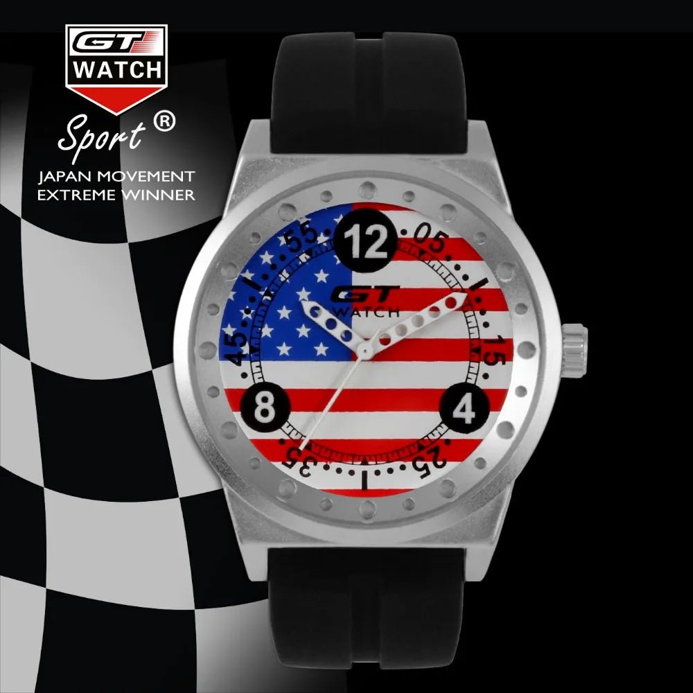 GT Watch men's sport quartz watch with a USA flag dial and black silicone strap. A stylish and durable timepiece for racing enthusiasts.