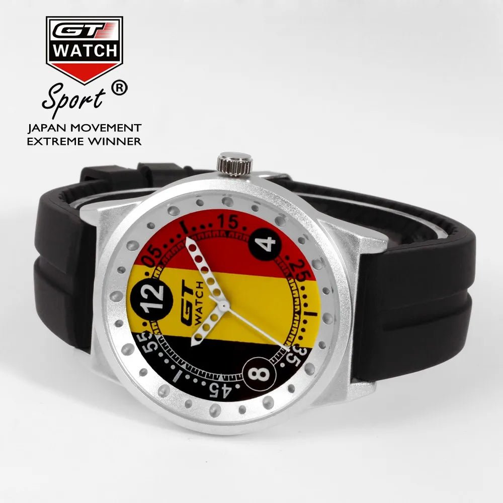 GT Watch men's sport quartz watch with a Germany flag dial and black silicone strap. A stylish and durable timepiece for everyday wear.