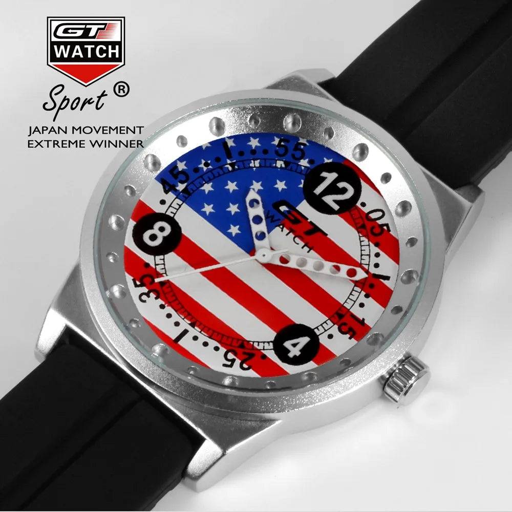 GT Watch men's sport quartz watch with a USA flag dial and black silicone strap. A stylish and durable timepiece for everyday wear.
