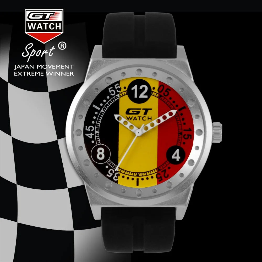 GT Watch men's sport quartz watch with a Germany flag dial and black silicone strap. A stylish and durable timepiece for racing enthusiasts.