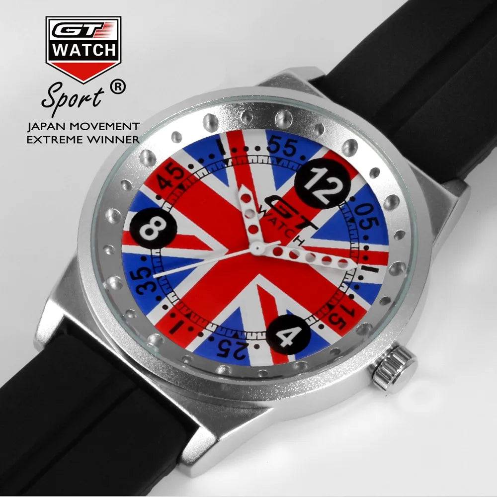 GT Watch men's sport quartz watch with a UK flag dial and black silicone strap. A bold and stylish timepiece for casual and sportswear.