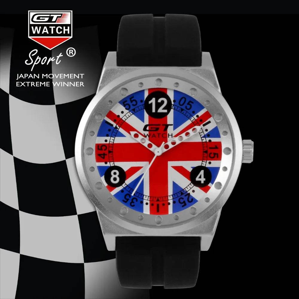 GT Watch men's sport quartz watch with a UK flag dial and black silicone strap. A stylish and durable timepiece for racing enthusiasts.