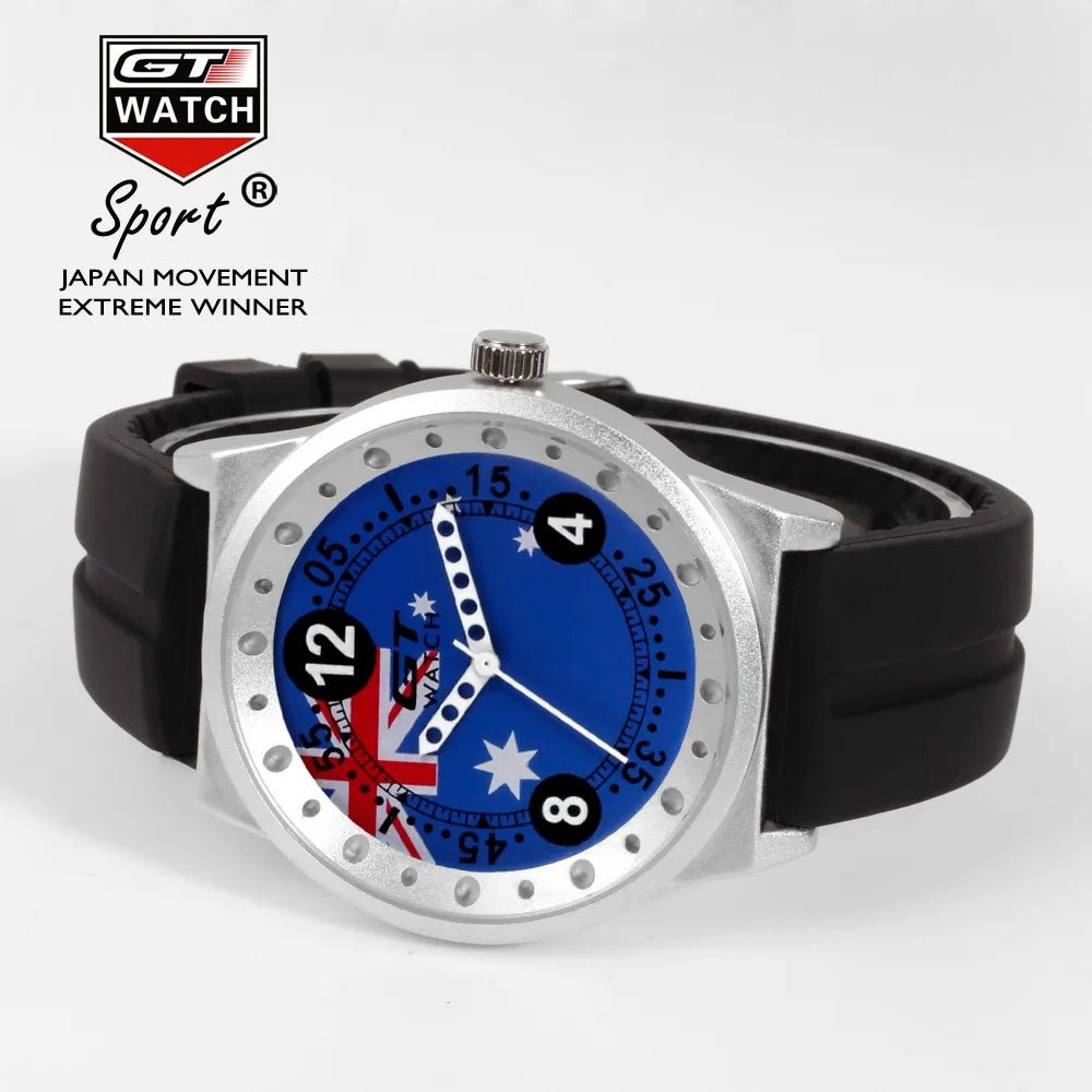 GT Watch men's sport quartz watch with an Australia flag dial and black silicone strap. A bold and stylish timepiece for casual and sportswear.