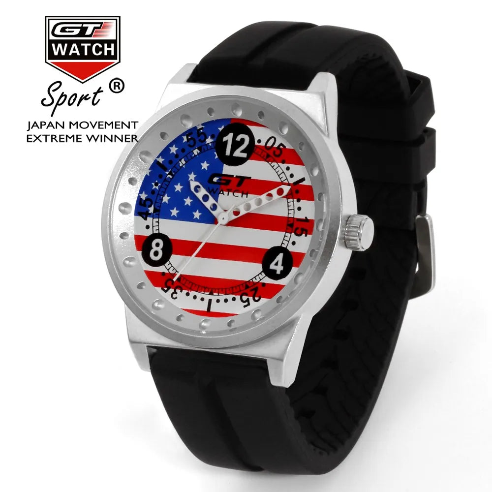 GT Watch men's sport quartz watch with a USA flag dial and black silicone strap. A bold and stylish timepiece for casual and sportswear.