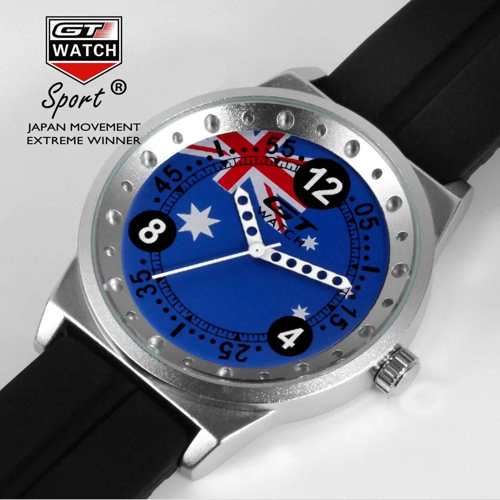 GT Watch men's sport quartz watch with an Australia flag dial and black silicone strap. A stylish and durable timepiece for everyday wear.