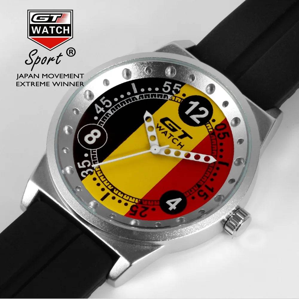 GT Watch men's sport quartz watch with a Germany flag dial and black silicone strap. A bold and stylish timepiece for casual and sportswear.