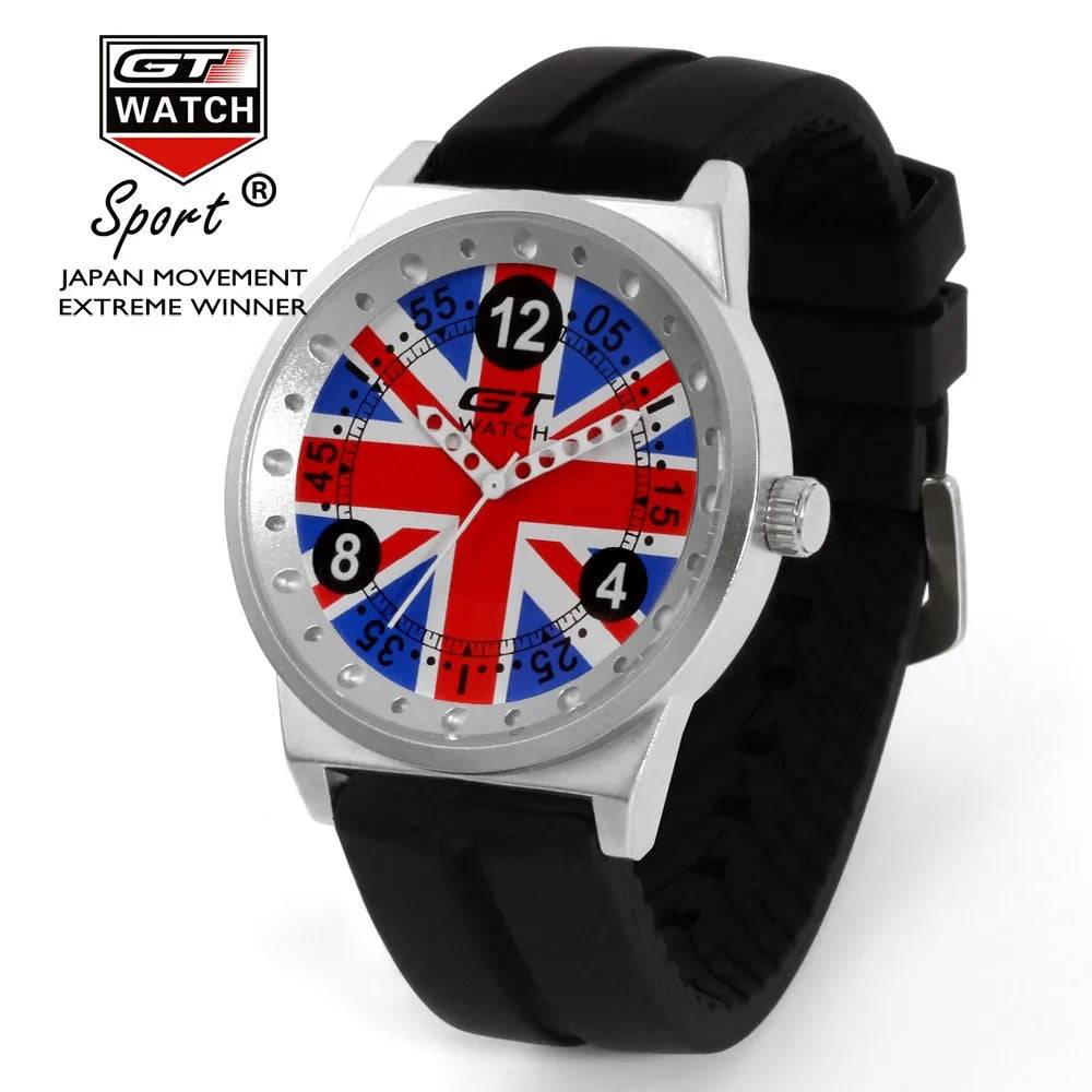 GT Watch men's sport quartz watch with a UK flag dial and black silicone strap. A stylish and durable timepiece for everyday wear.