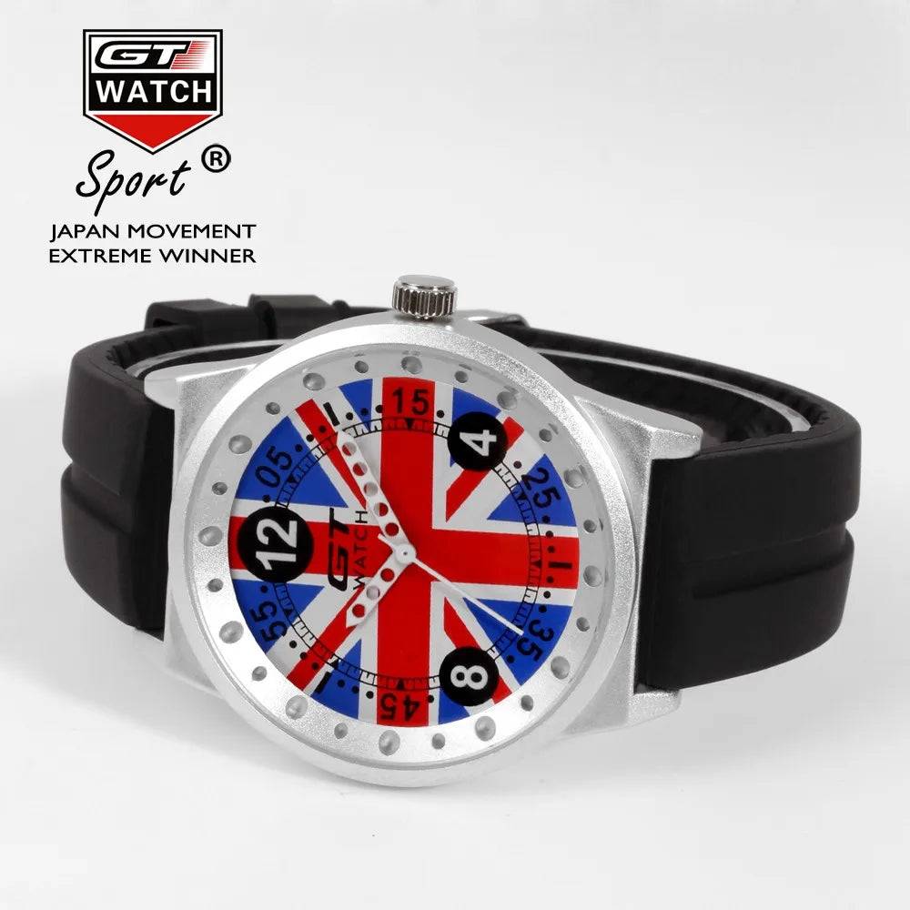 GT Watch men's sport quartz watch with a UK flag dial and black silicone strap. A bold and stylish timepiece for casual and sportswear.
