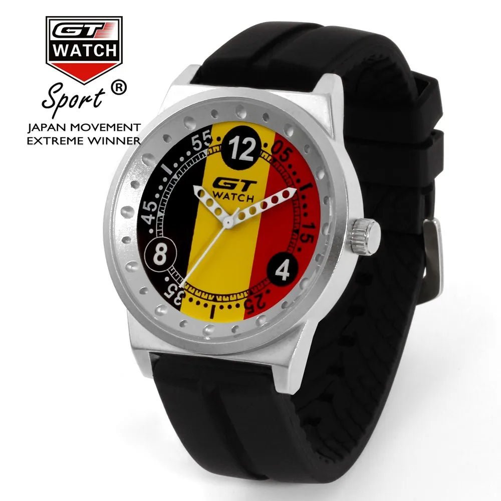GT Watch men's sport quartz watch with a Germany flag dial and black silicone strap. A bold and stylish timepiece for casual and sportswear.