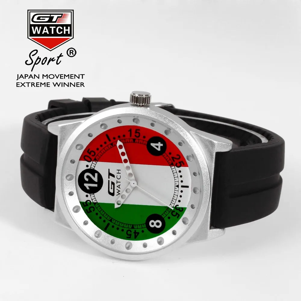 GT Watch men's sport quartz watch with an Italy flag dial and black silicone strap. A stylish and durable timepiece for everyday wear.
