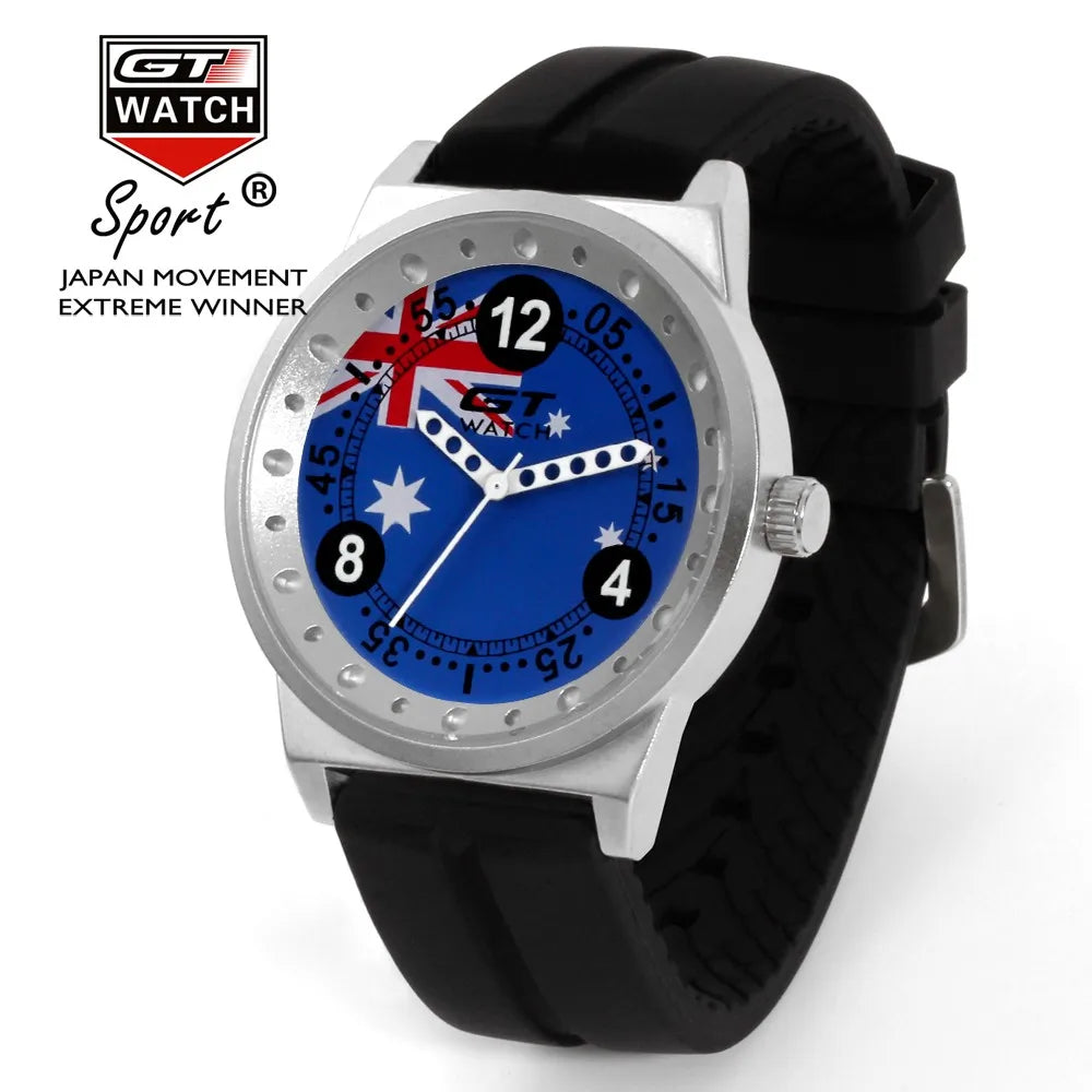 GT Watch men's sport quartz watch with an Australia flag dial and black silicone strap. A bold and stylish timepiece for casual and sportswear.