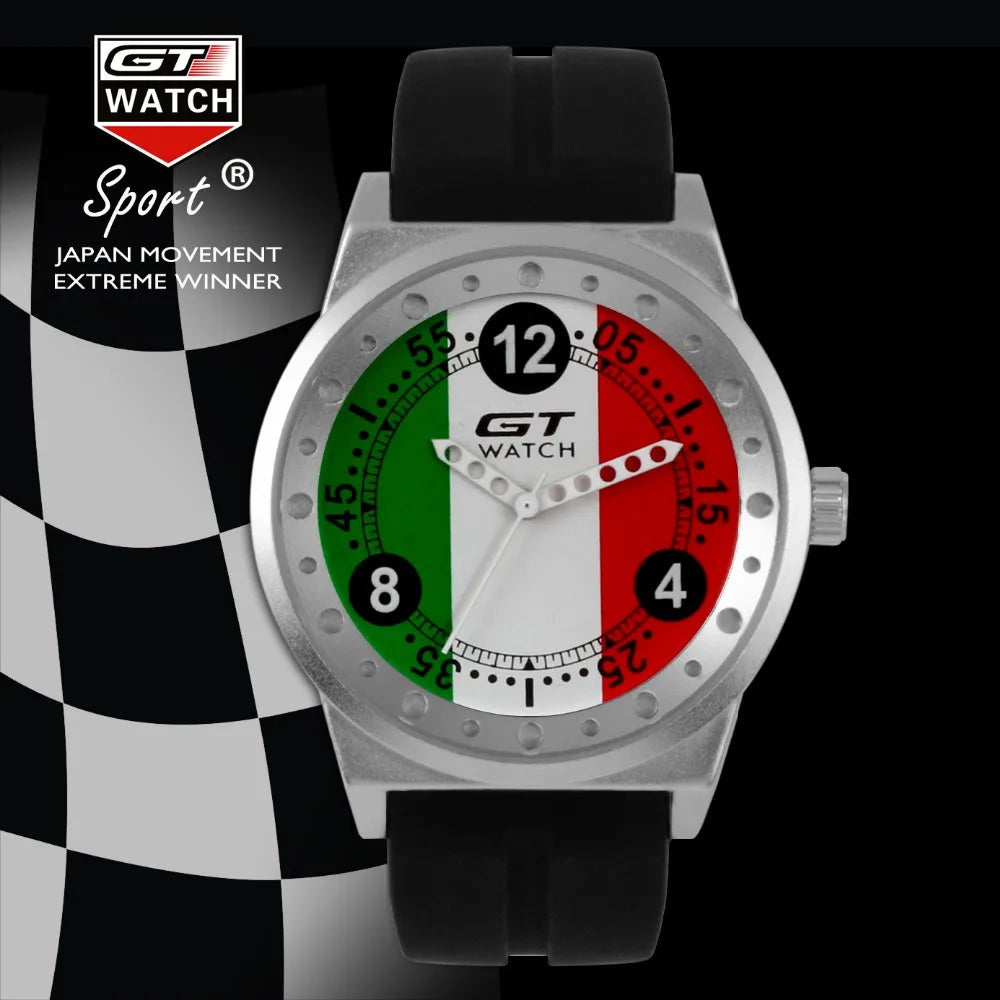 GT Watch men's sport quartz watch with an Italy flag dial and black silicone strap. A stylish and durable timepiece for racing enthusiasts.