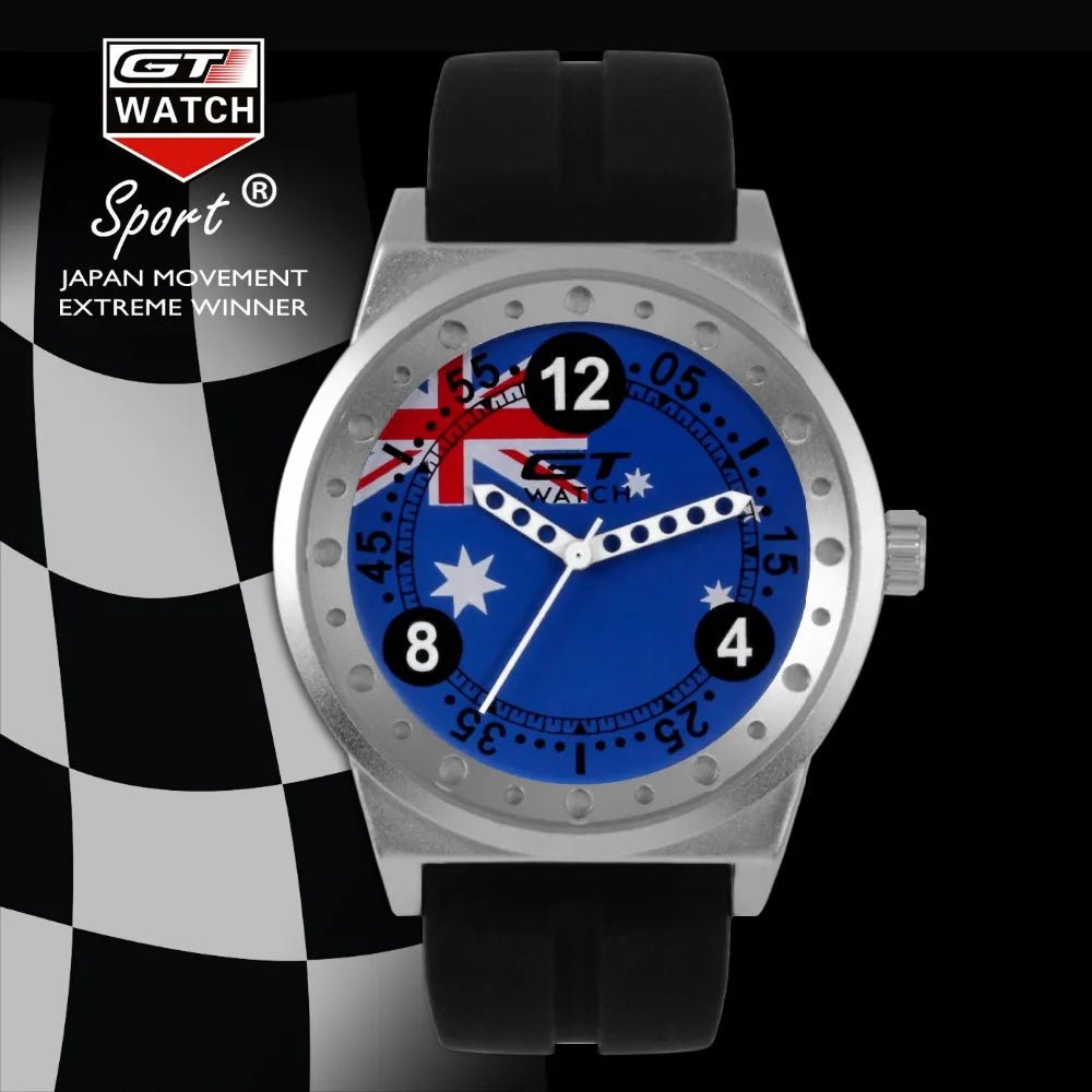 GT Watch men's sport quartz watch with an Australia flag dial and black silicone strap. A stylish and sporty timepiece for casual wear.