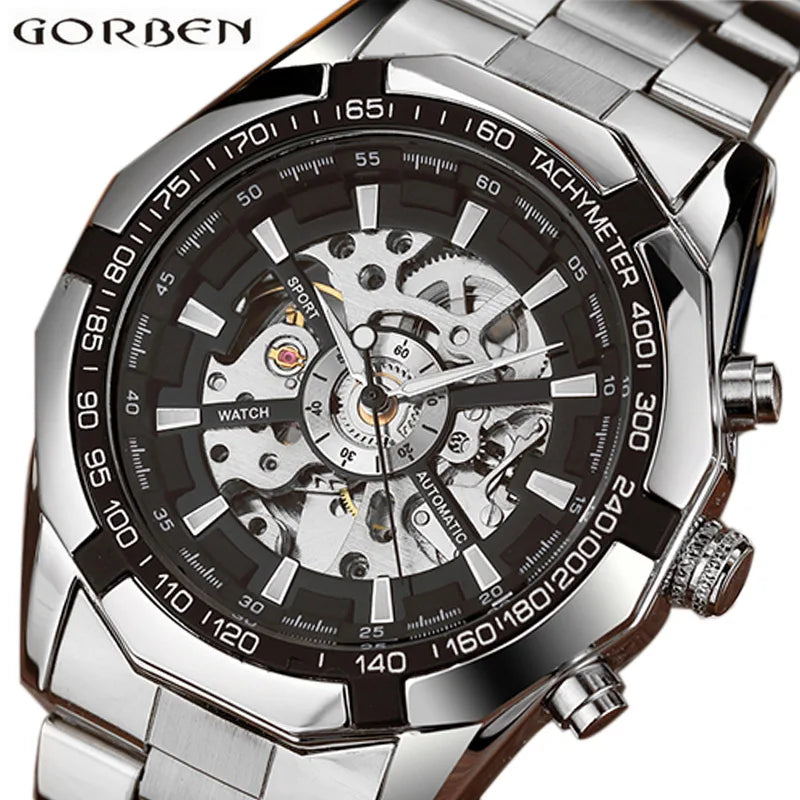 Skeleton Sports Automatic Stainless Steel Bracelet Chinese Mechanical Wrist Watches Mens Luxury Top Brand Gold Black Silver Gift