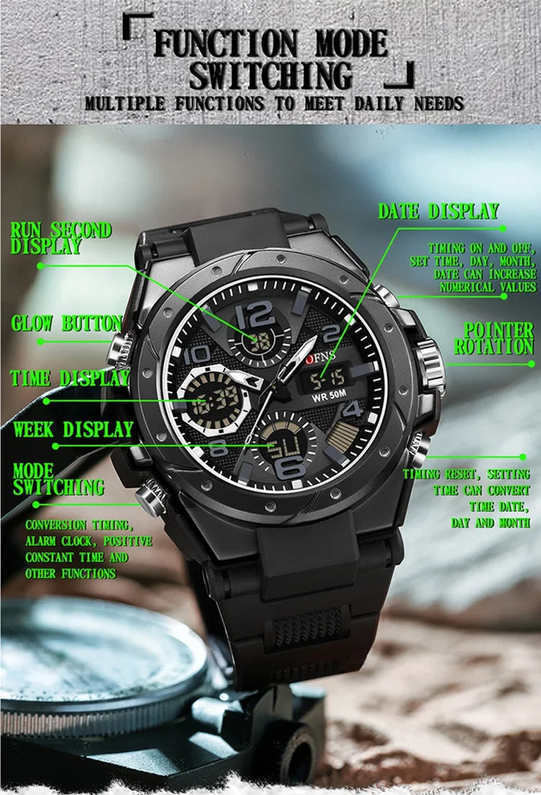 OFNS Top Brand 6008 Montre de sport tendance pour homme Double écran Analogique Numérique LED Montre à quartz électronique Montre étanche pour homme