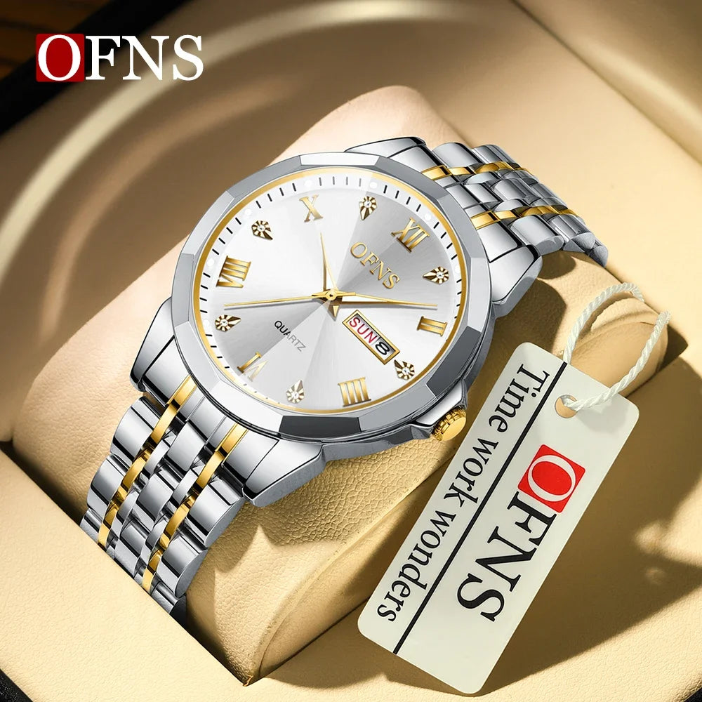 ساعة OFNS 1502 الجديدة ذات التقويم المزدوج للرجال والنساء بسوار من الفولاذ المقاوم للصدأ مقاومة للماء من أفضل العلامات التجارية