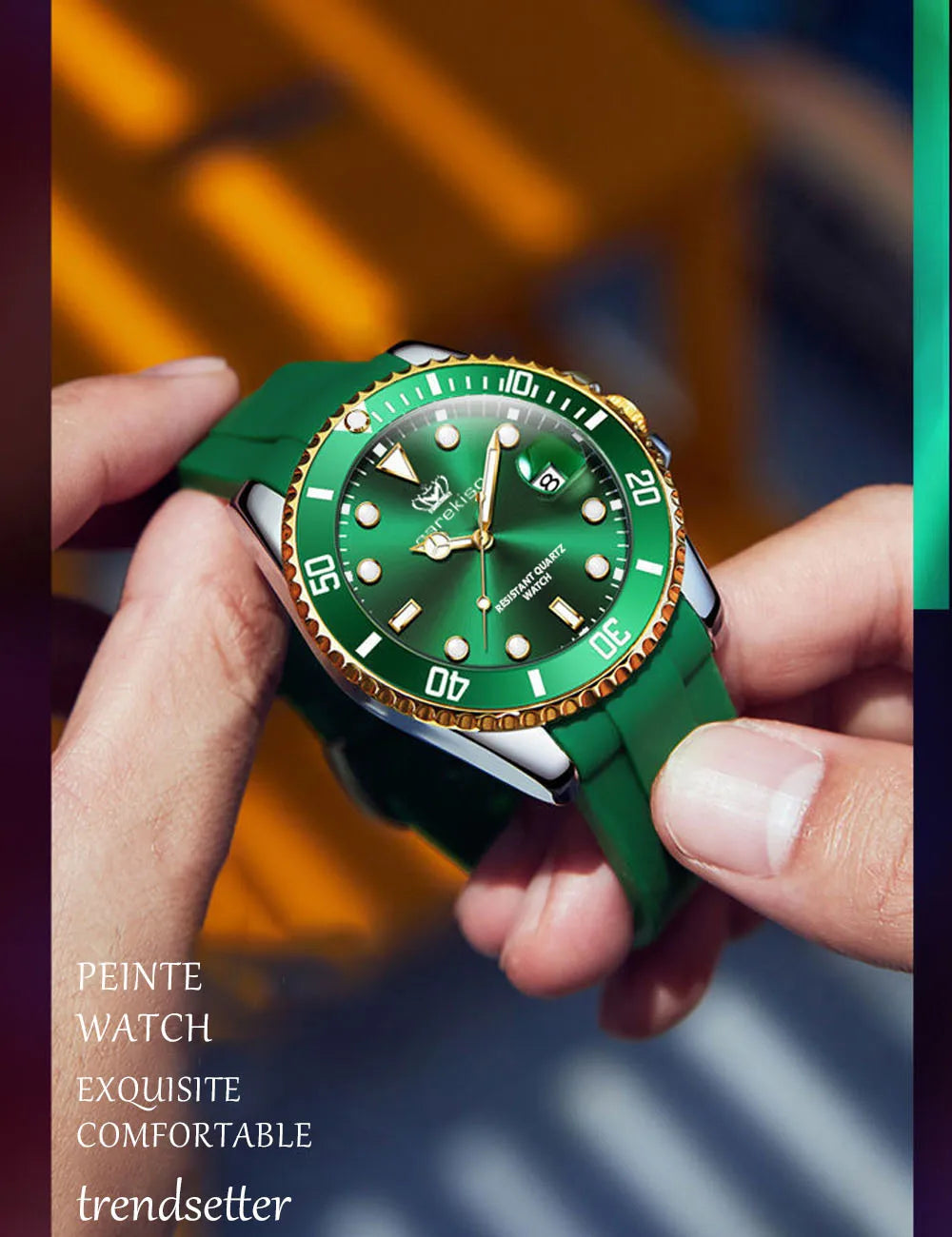 POEDAGAR Top Brand Luxury Fashion Silicone Strap Green Dial Diver Watch Men Waterproof Date Quartz Clock Sport Mens Watches Gift
