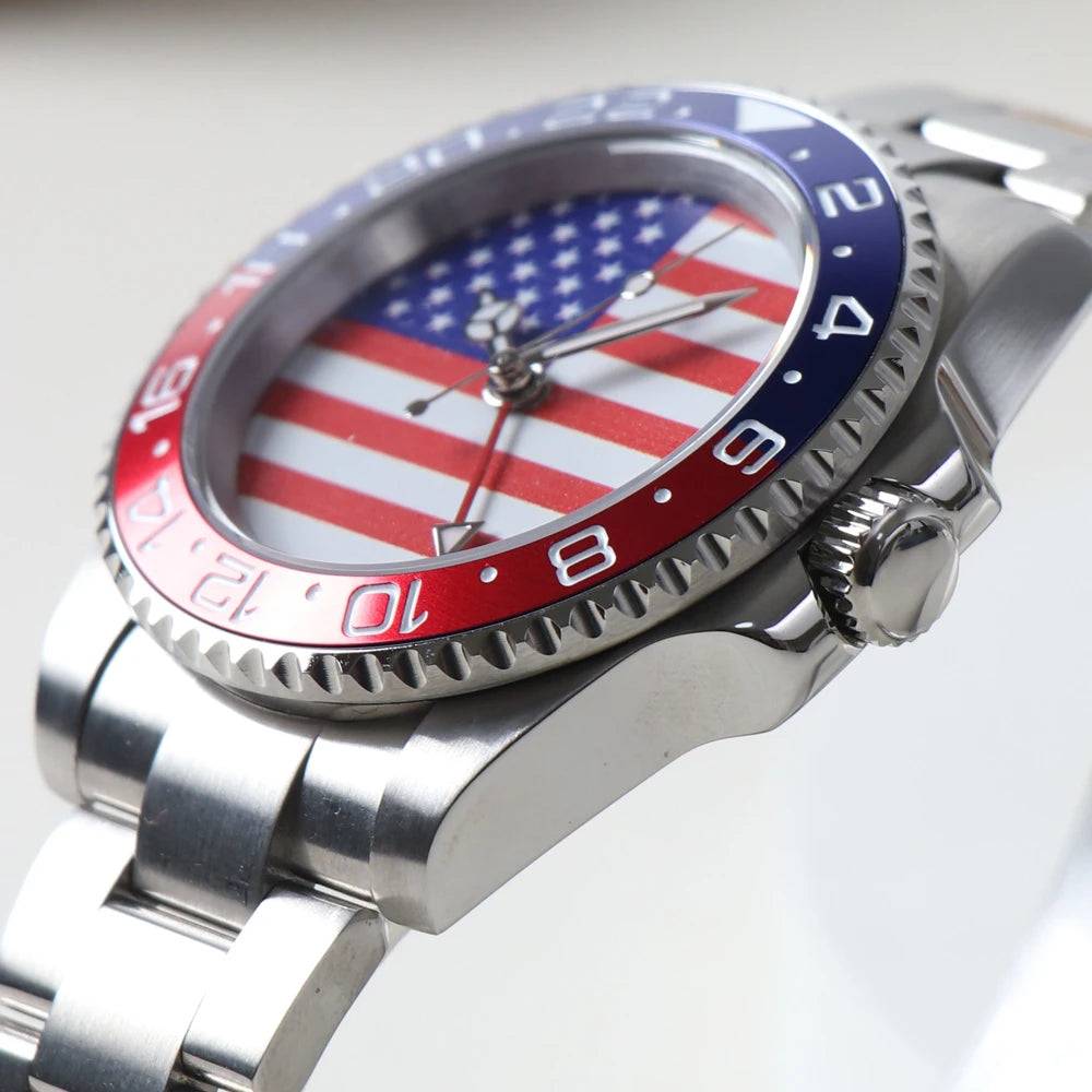 MINUTETIME NH34 GMT Watch DIY Dial American Flag 40MM Red Blue Bezel Automatic Movement Watch Sapphire Crystal 10ATM Waterproof.
