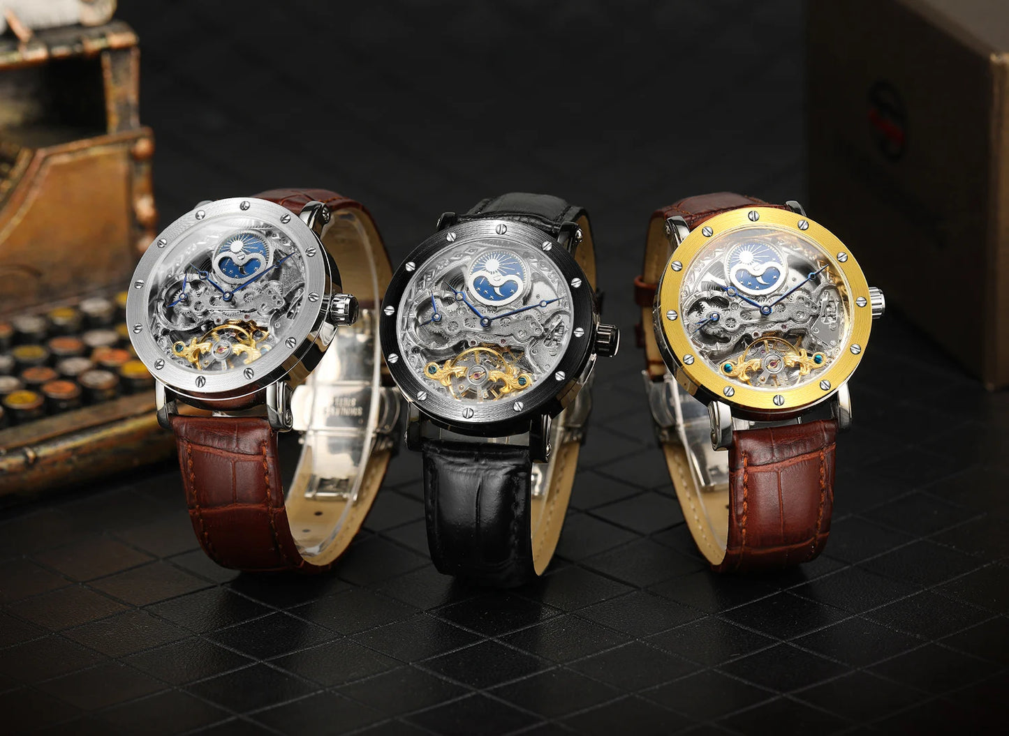 SKROX GMT Moon Phase Automatic Movement Clockwork Mechanical Waterproof Man Wristwatches Original High-End Luxury Male aaa watch