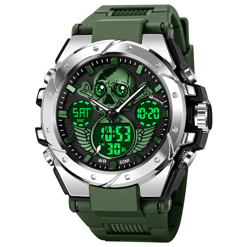 New STRYVE Men's Watch Creative Skull Design Digital-Analog Dual Display Watch Calendar Week Stopwatch Multifunction Watch S8008