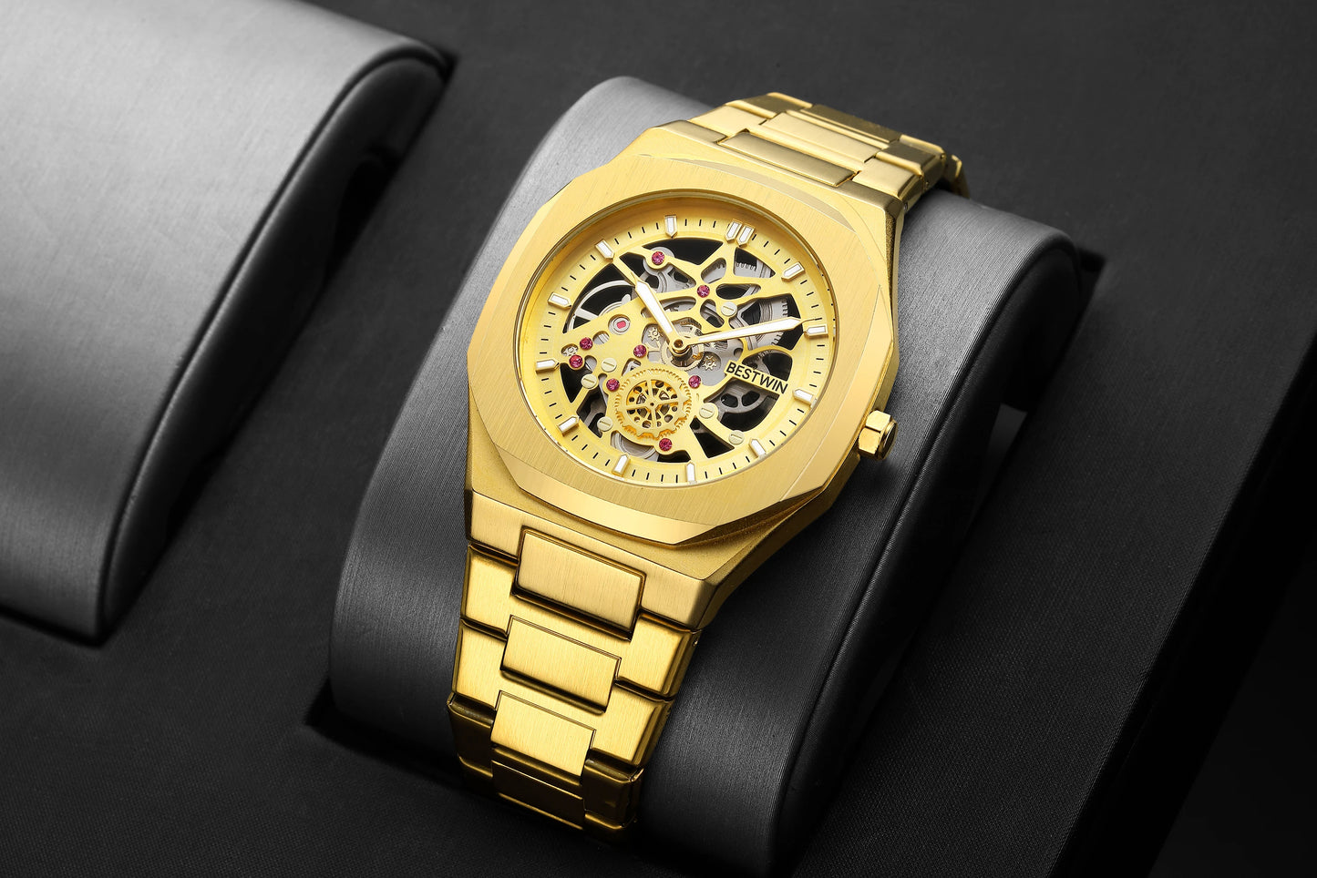 New Octagonal Design Quartz Wristwatches Men Golden Stainless Steel Dress Watch Date/Week Functions Luxury Diver's Clock Man