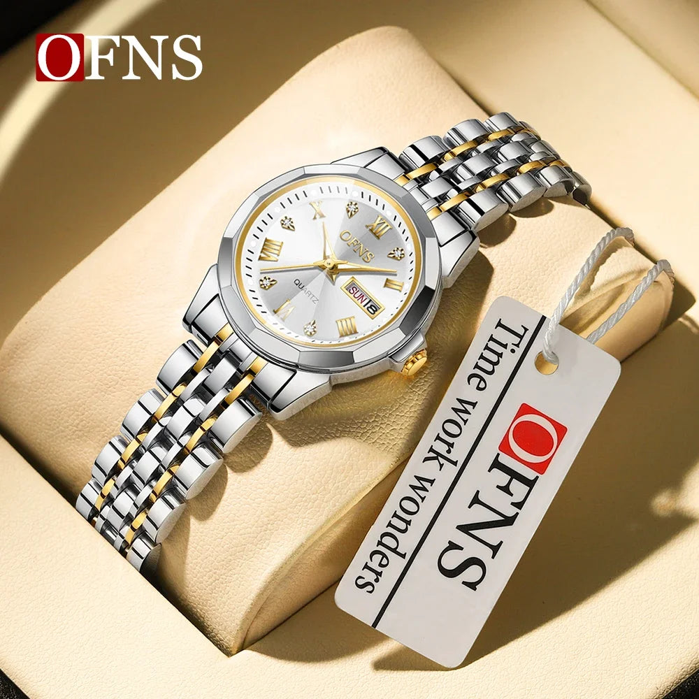 ساعة OFNS 1502 الجديدة ذات التقويم المزدوج للرجال والنساء بسوار من الفولاذ المقاوم للصدأ مقاومة للماء من أفضل العلامات التجارية