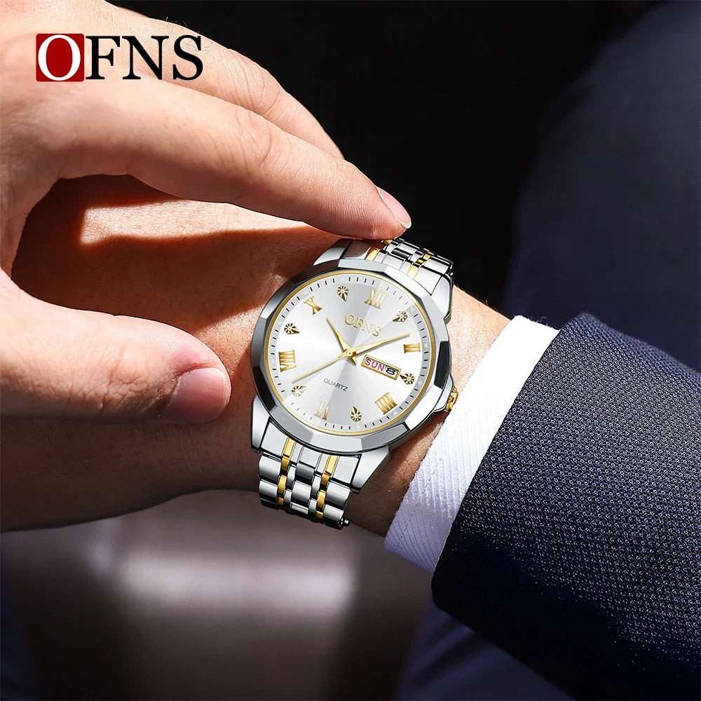 ساعة OFNS 1502 الجديدة ذات التقويم المزدوج للرجال والنساء بسوار من الفولاذ المقاوم للصدأ مقاومة للماء من أفضل العلامات التجارية