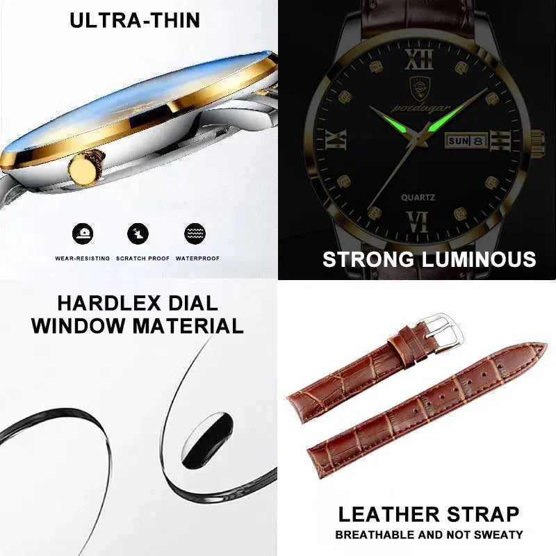 POEDAGAR Men's Watches Top Brand Luxury Men Wrist Watch Leather Quartz Watch Sports Waterproof Male Clock Relogio Masculino+Box
