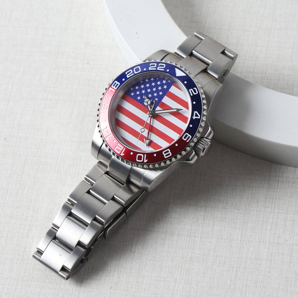 MINUTETIME NH34 GMT Watch DIY Dial American Flag 40MM Red Blue Bezel Automatic Movement Watch Sapphire Crystal 10ATM Waterproof.