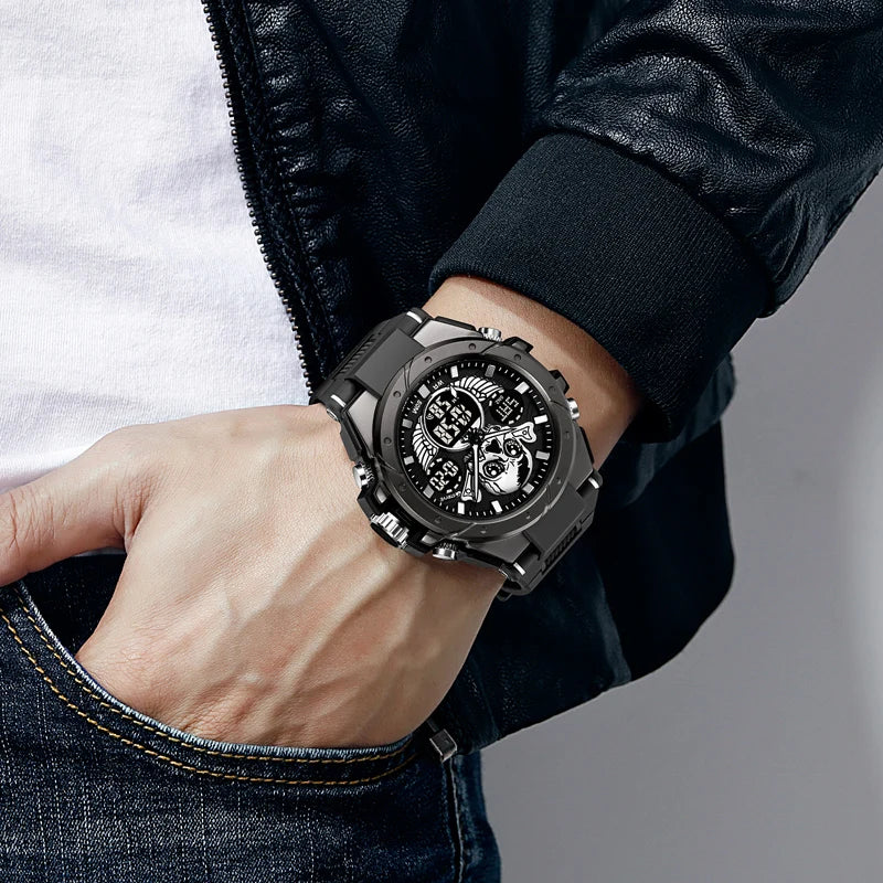 New STRYVE Men's Watch Creative Skull Design Digital-Analog Dual Display Watch Calendar Week Stopwatch Multifunction Watch S8008