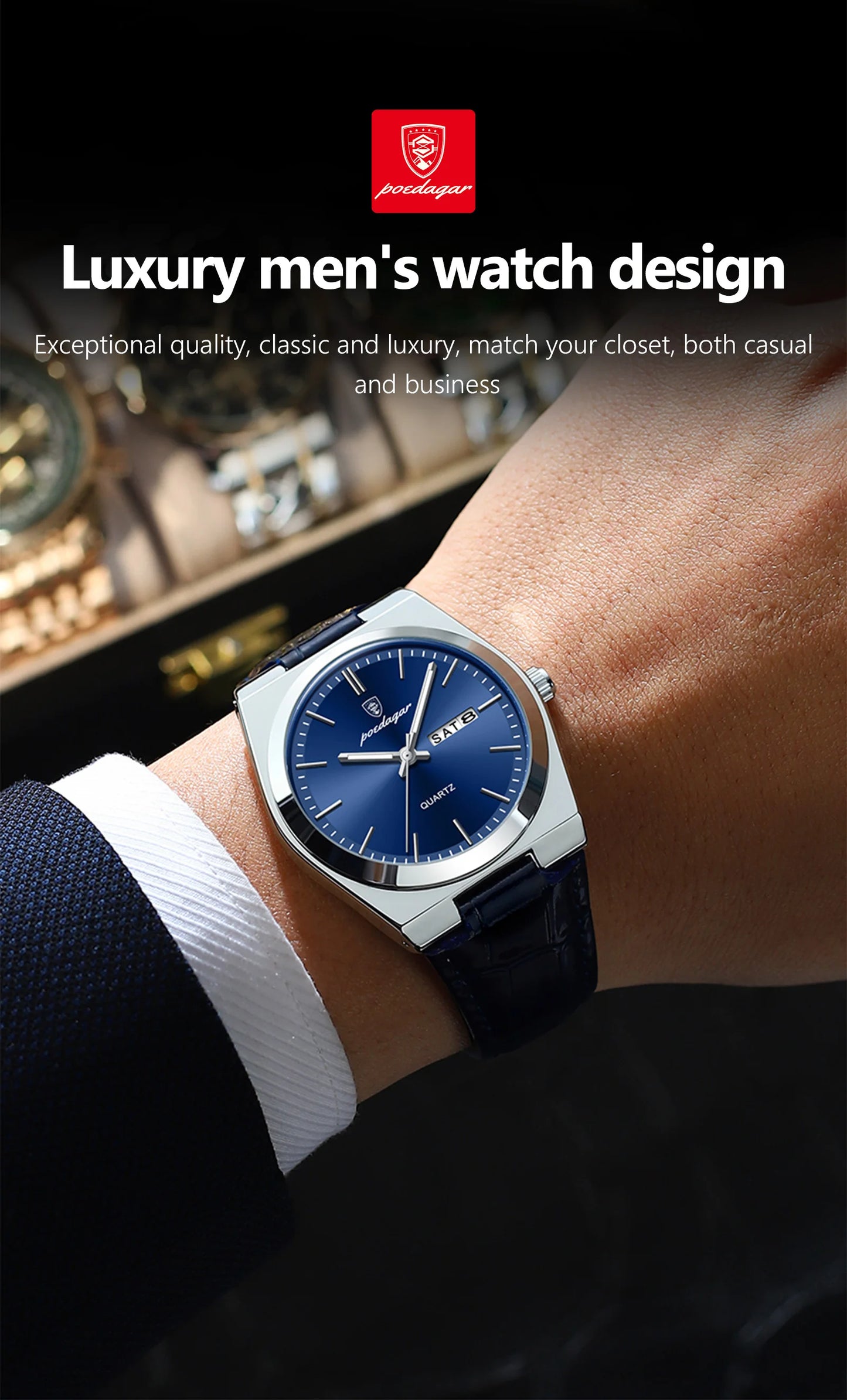 POEDAGAR Luxury Watch for Men Military Leather Man Wristwatch Quartz Clock Waterproof Luminous Date Week Men's Watches Reloj+box