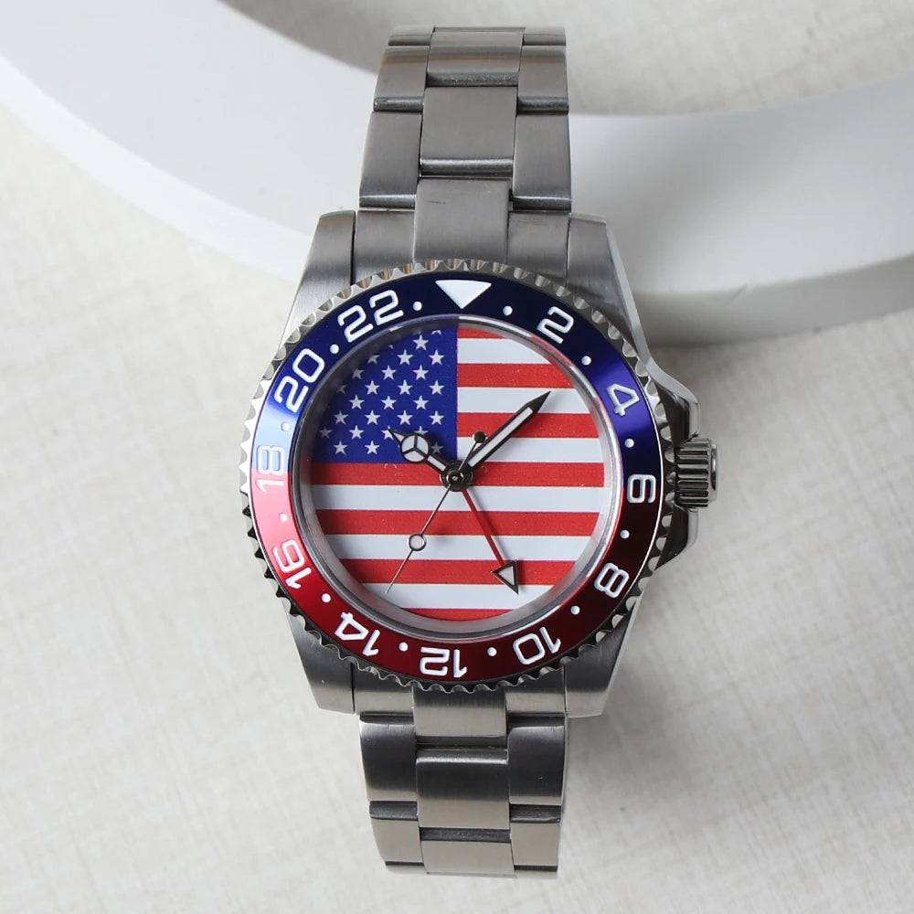 MINUTETIME NH34 GMT Watch DIY Dial American Flag 40MM Red Blue Bezel Automatic Movement Watch Sapphire Crystal 10ATM Waterproof.