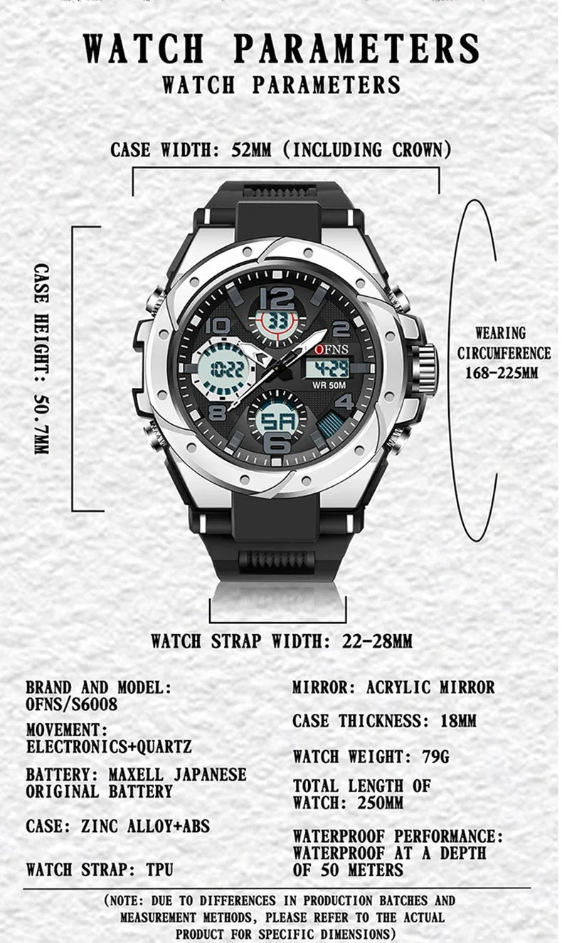 OFNS Top Brand 6008 Montre de sport tendance pour homme Double écran Analogique Numérique LED Montre à quartz électronique Montre étanche pour homme