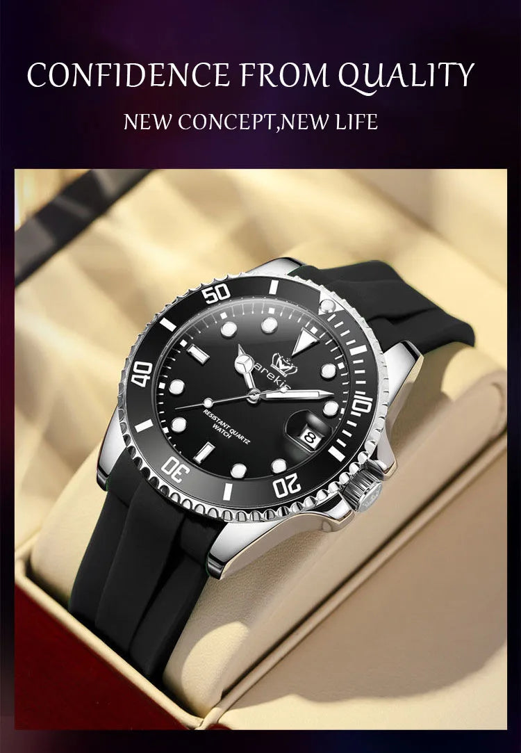 POEDAGAR Top Brand Luxury Fashion Silicone Strap Green Dial Diver Watch Men Waterproof Date Quartz Clock Sport Mens Watches Gift