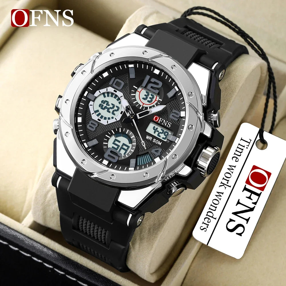 OFNS Top Brand 6008 Montre de sport tendance pour homme Double écran Analogique Numérique LED Montre à quartz électronique Montre étanche pour homme