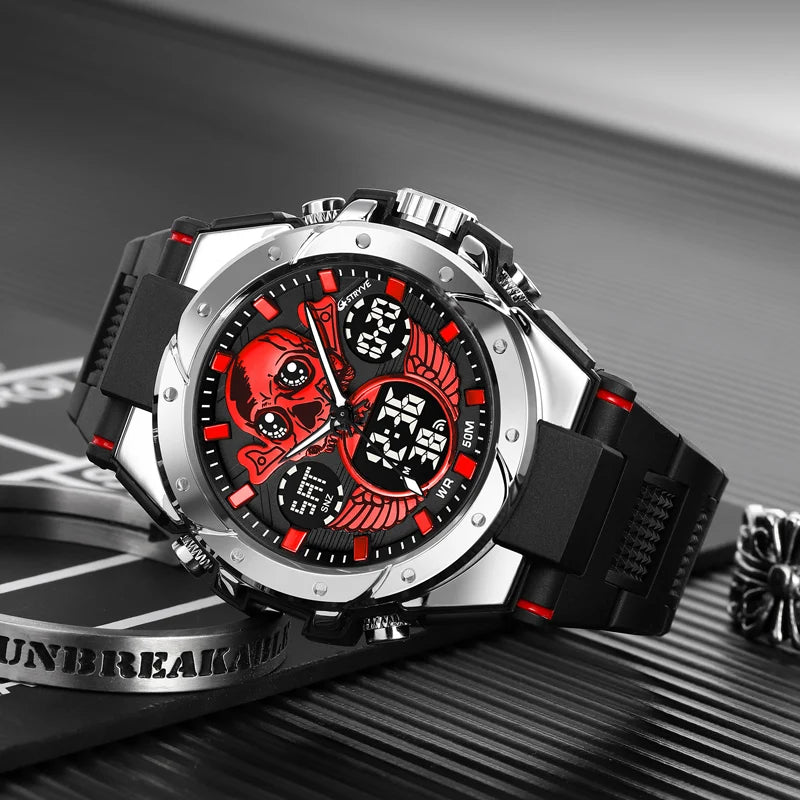 New STRYVE Men's Watch Creative Skull Design Digital-Analog Dual Display Watch Calendar Week Stopwatch Multifunction Watch S8008