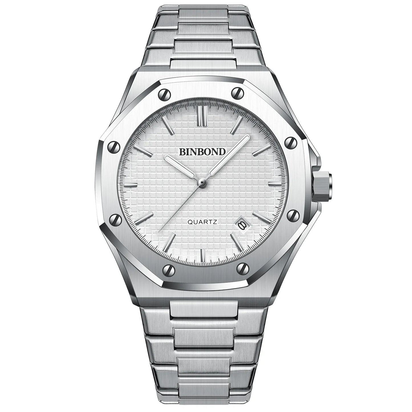 Royal Fashion Casual Men Watches Big Dial Silver Stainless Steel Calendar Quartz Wristwatch Classic Top Brand BINBOND Male Clock