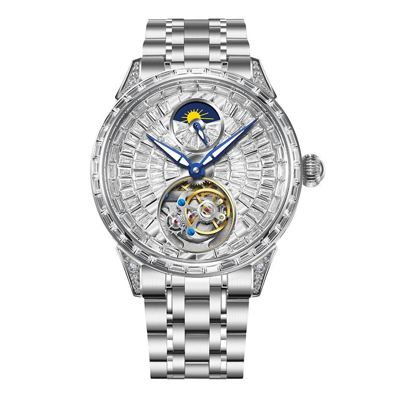 Men's Watch: Diamond Dial Stainless Steel Belt with Tourbillon Movement