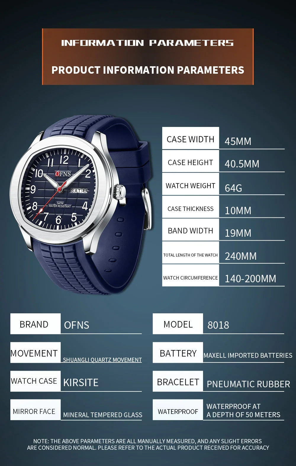 OFNS Top 8018 Montre à quartz pour homme avec bracelet en acier et calendrier, étanche, tendance, 2024