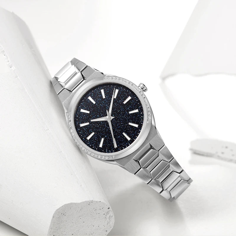 Ultra Thin Stainless Steel Rose Gold Star Dust Luminous Hand Set Crystal Bezel Lady Women Frosted Quartz Watch