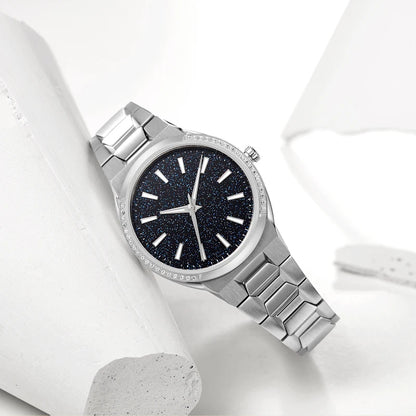 Ultra Thin Stainless Steel Rose Gold Star Dust Luminous Hand Set Crystal Bezel Lady Women Frosted Quartz Watch