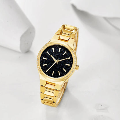 Ultra Thin Stainless Steel Rose Gold Star Dust Luminous Hand Set Crystal Bezel Lady Women Frosted Quartz Watch