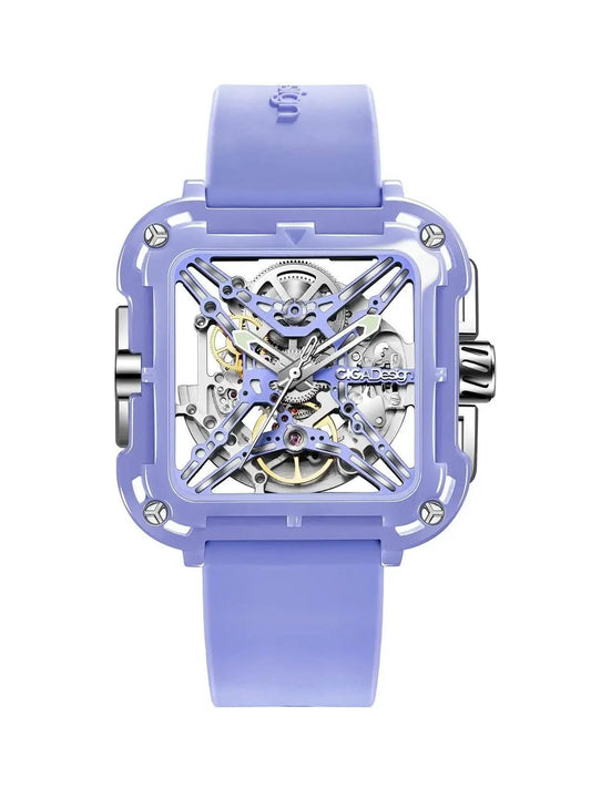 CIGA Design X Series Women's Watch: Purple Ceramic Skeleton with Silicone Strap.