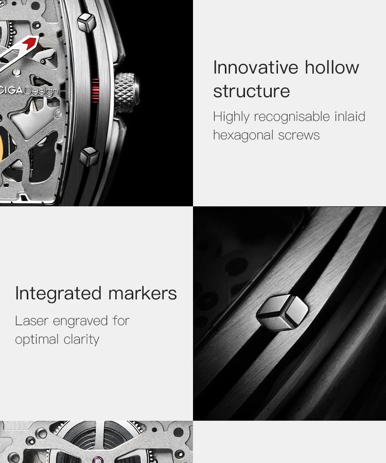 CIGA Design Z Series Men's Watch: Skeleton with Steel Case & Two Straps.