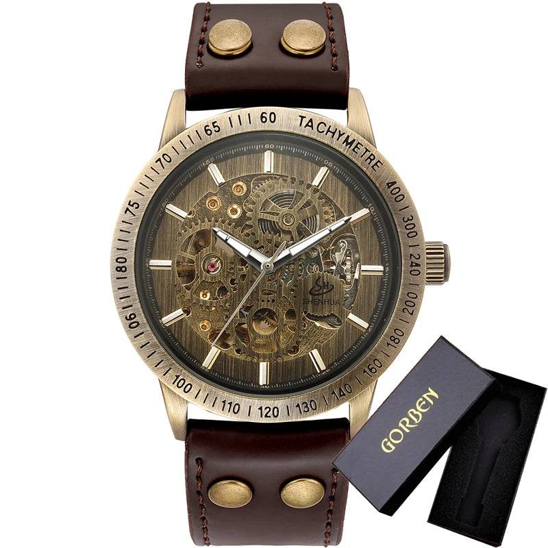 New Brown Strap Retro Steampunk Men's Mechanical Watch Locomotive Gear Literal Automatic Male Wristwatches Relogio Masculino.
